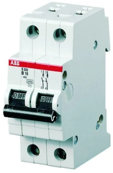 ABB Miniature Circuit Breaker C 6A, 2-pole C-characteristic, breaking capacity 6kA, 230/400V AC, 35mm wide S202-C6
