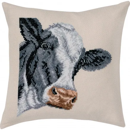 Permin Embroidery Kit Aida Cushion Colourful Cow 40x40cm